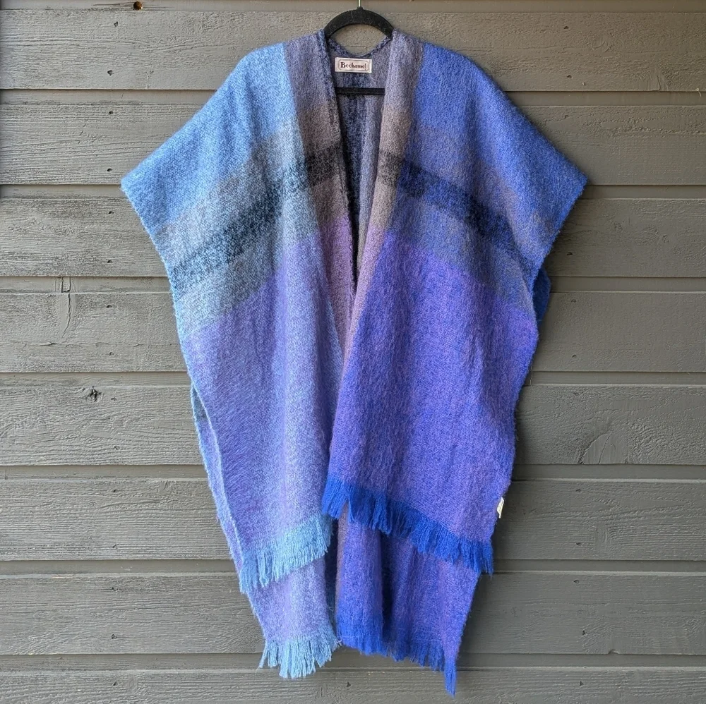 VTG 70s Bechamel Glentex Blue Lavender Black Ruana Wrap Fringe One Size